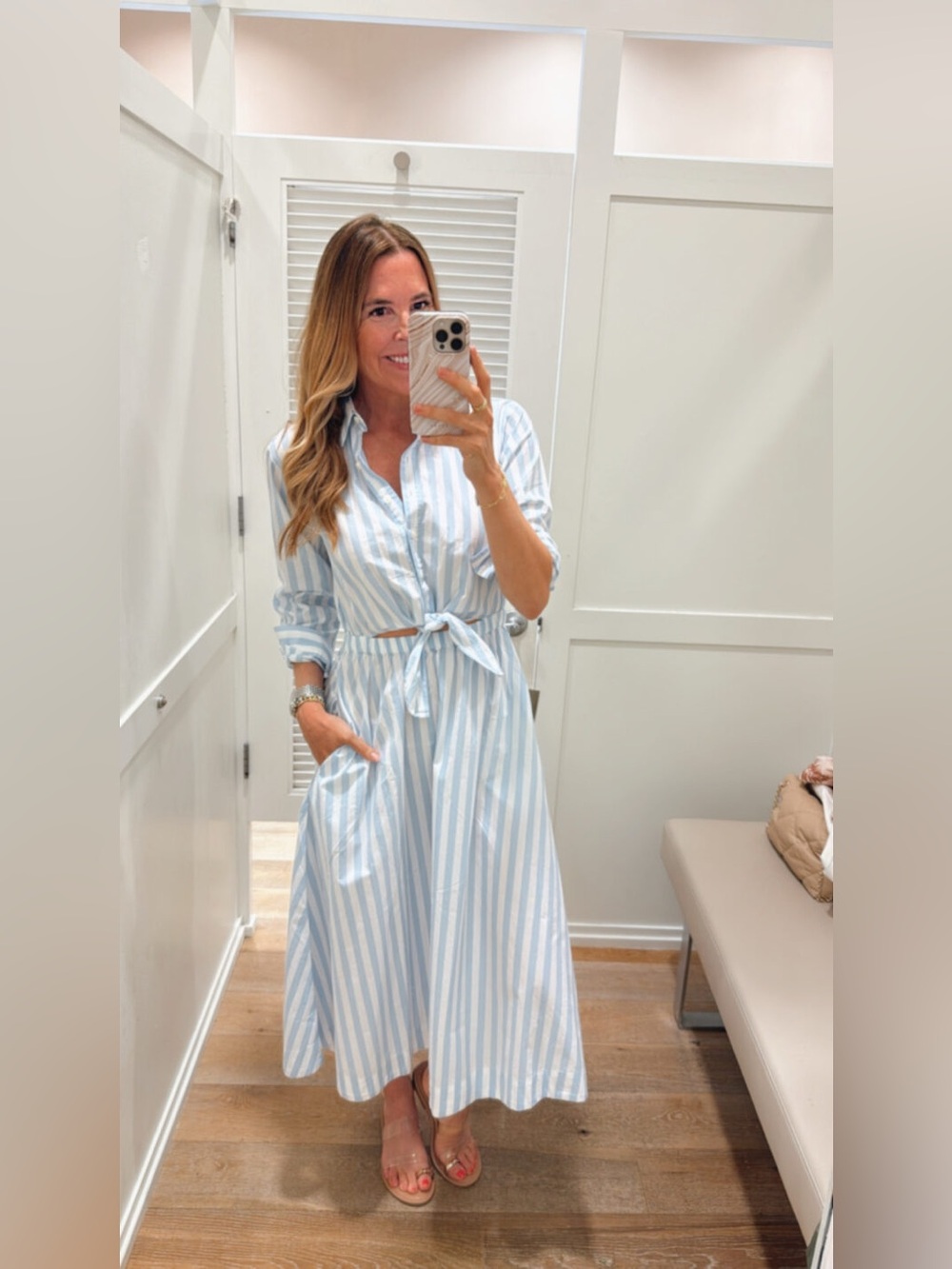 NWT LOFT blue and white striped poplin tie-front shirtdress